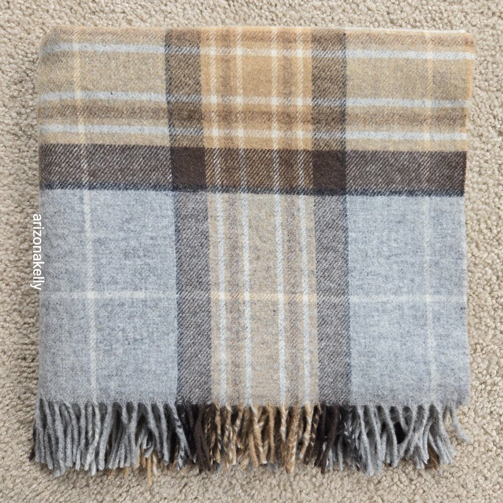 NWOT Bronte By Moon Merino Wool Wrap Plaid Tan Brown & Grey